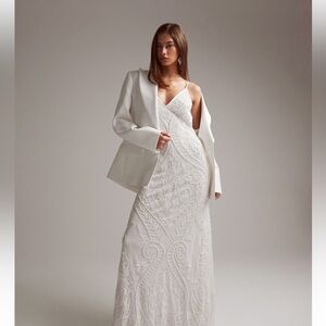 ASOS DESIGN Neve placement embroidered and beaded cami wedding dress in Ivory